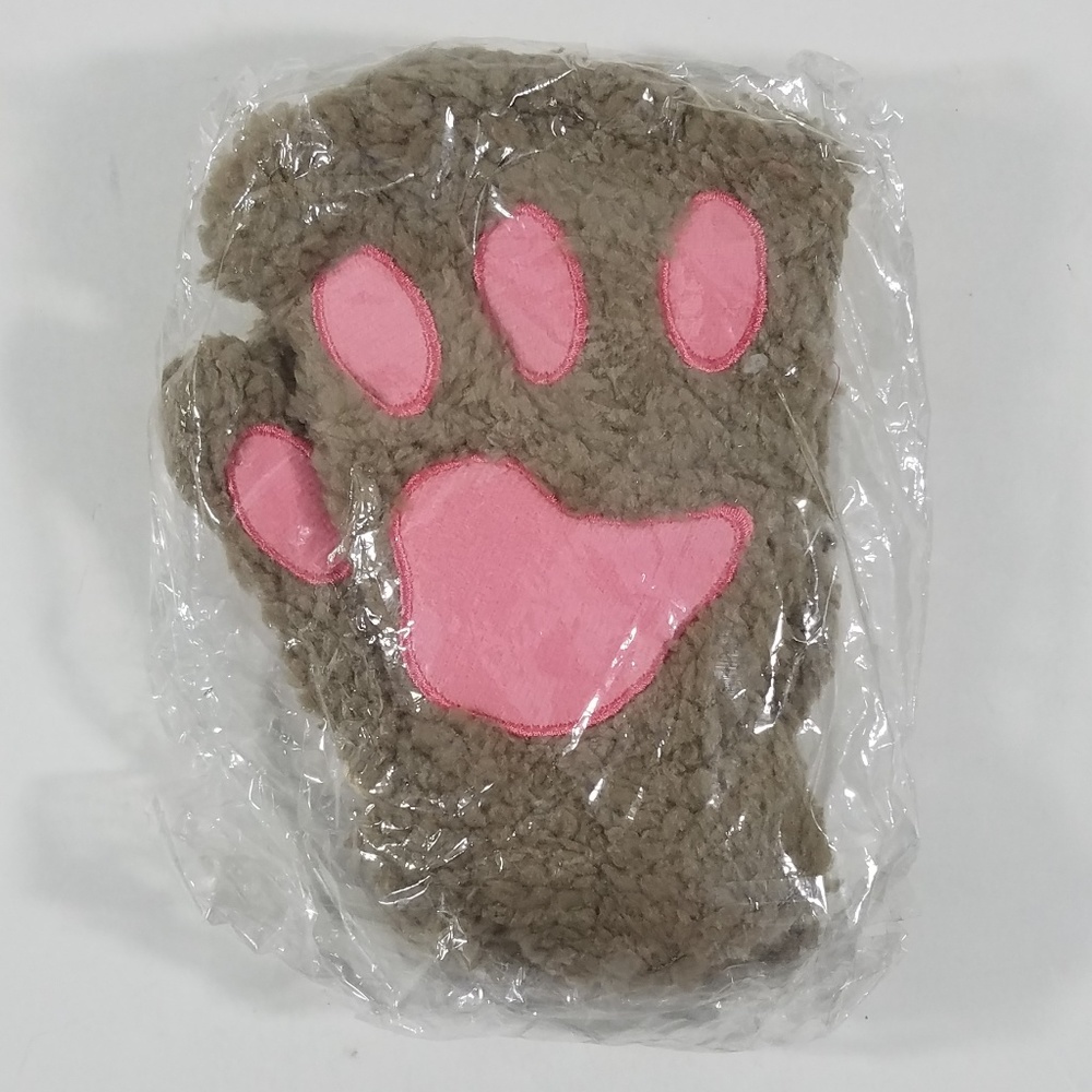 Bear Paw Pawprint Fingerless Plush Gloves Tan